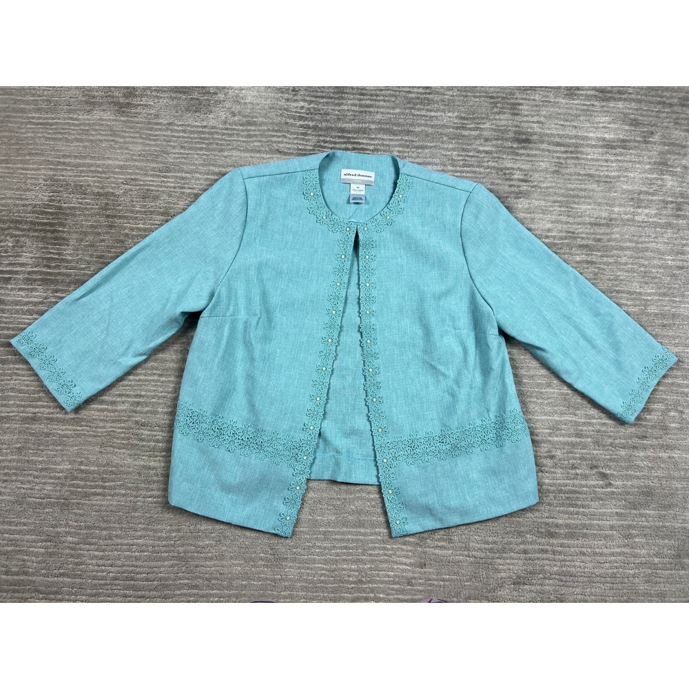 Alfred Dunner Jacket Women 10P Turquoise Blue Open Front Crochet Lace Beaded 3/4